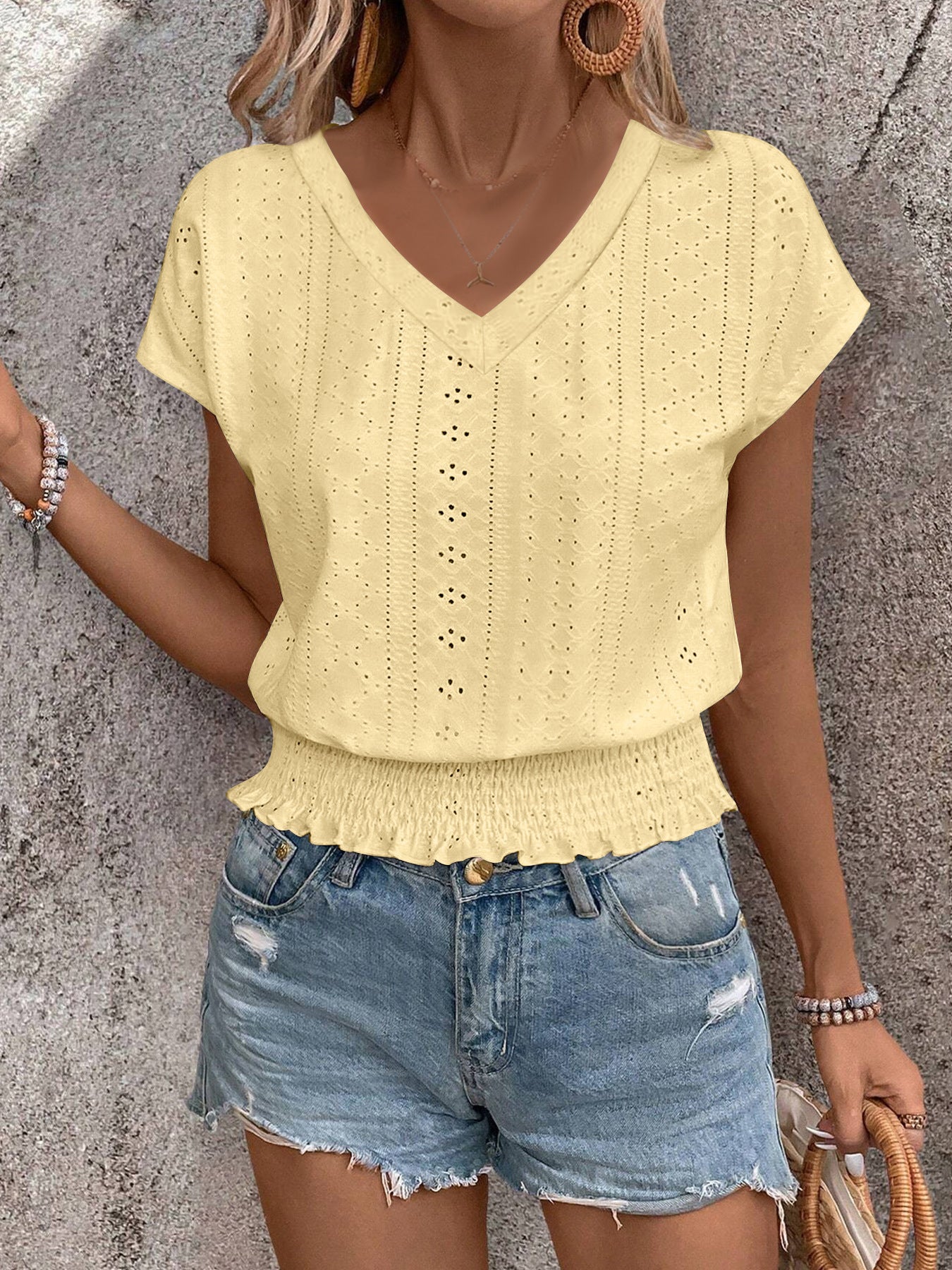 V-neck Hollow-out Smocking Short-sleeved T-shirt Casual Top