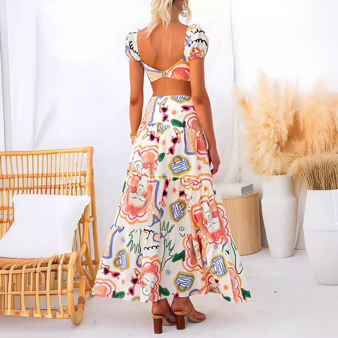 European And American Summer Printed Top Wrapped Chest Skirt Two-piece Suit