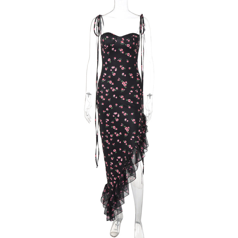 Printed Mesh Flounce Trim Lace Up Dress