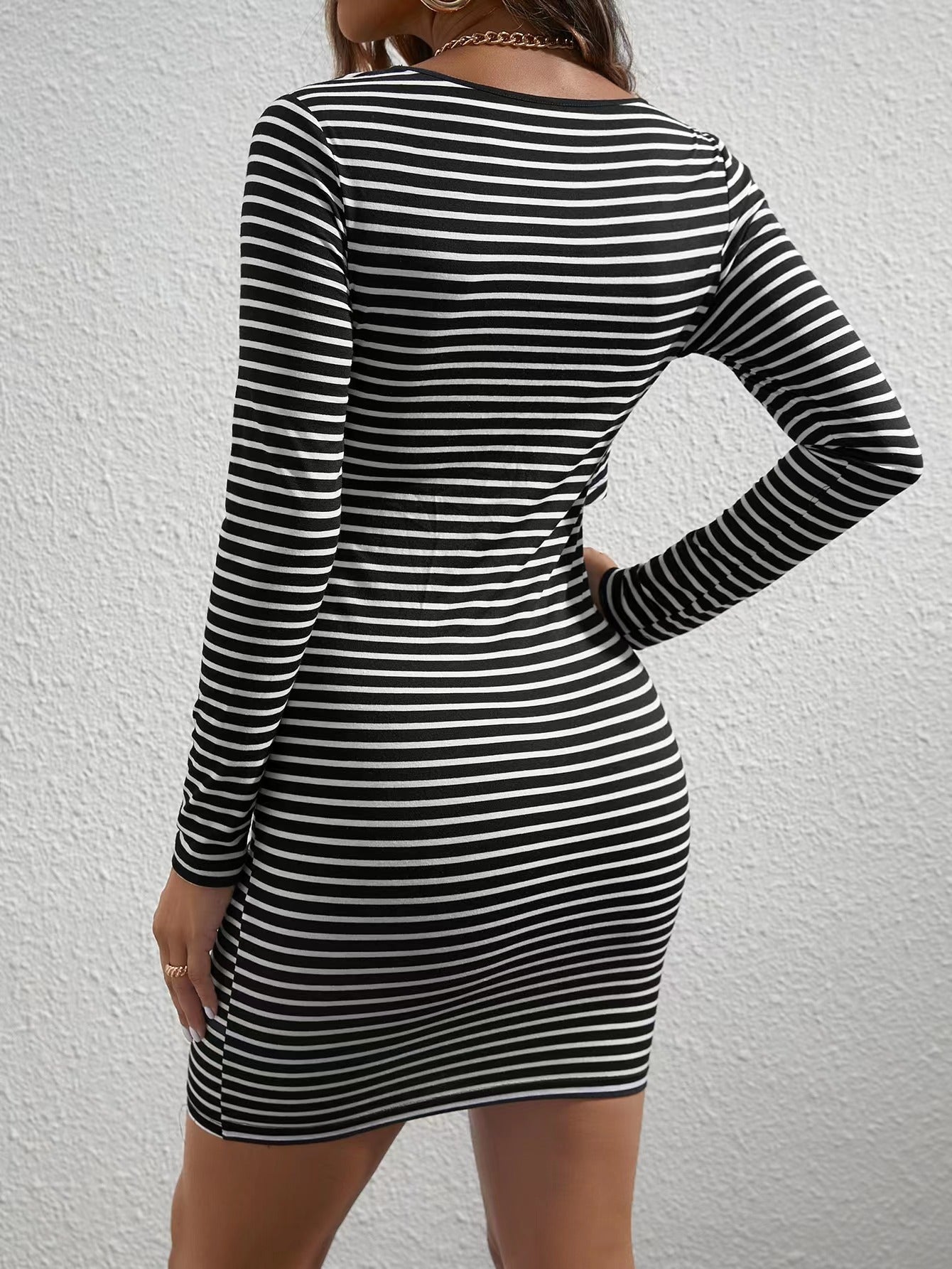 Round Neck Long Sleeve Striped Maternity Dress Jumpsuit Skirt