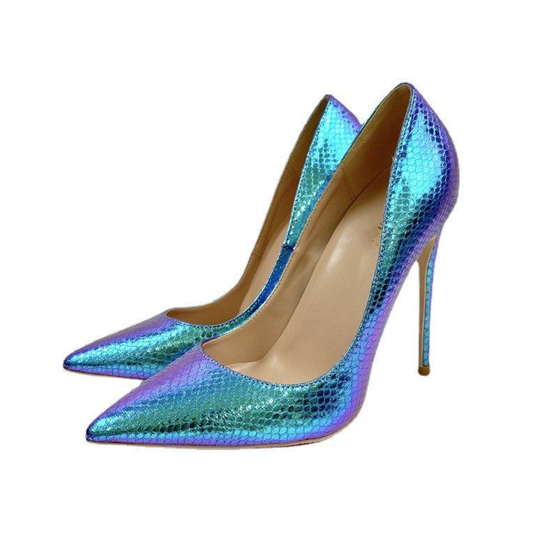 New Blue Color Serpentine Lady High Heels 12CM Pointed Stiletto Heel