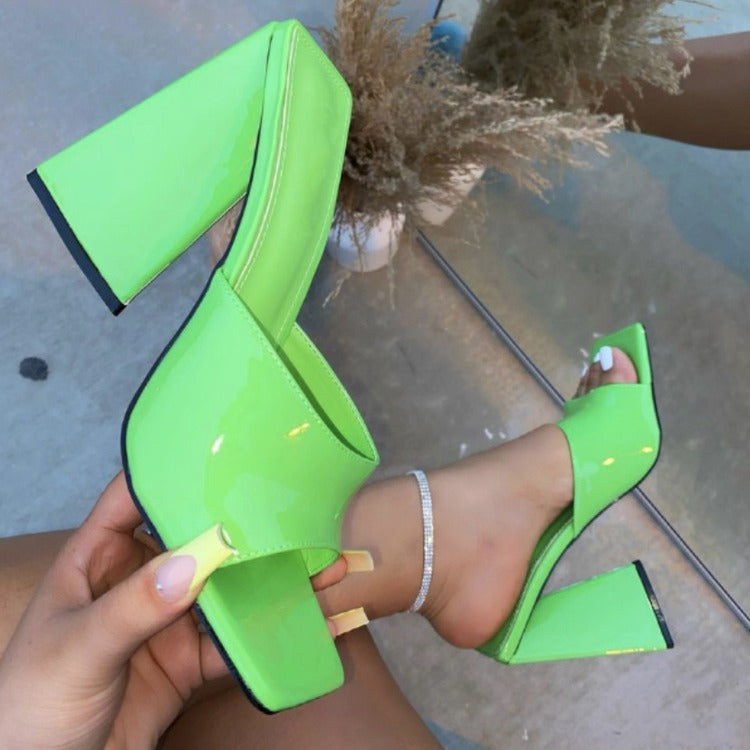Women's Solid Color Square Toe Triangle Heel Thick High Heel Slippers