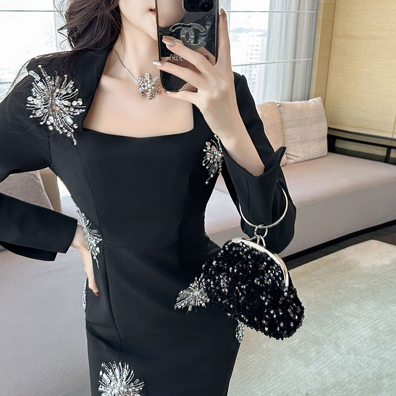 Diamond-encrusted Square Collar Sheath Dress Women