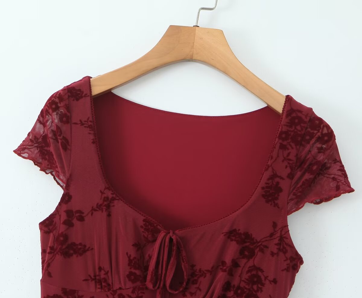 Women's Floral Flocking Lace-up Short Sleeve Dress
