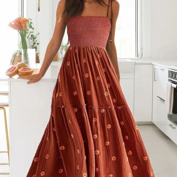 Smocking SUNFLOWER Embroidery A- Line Large Hem Dress