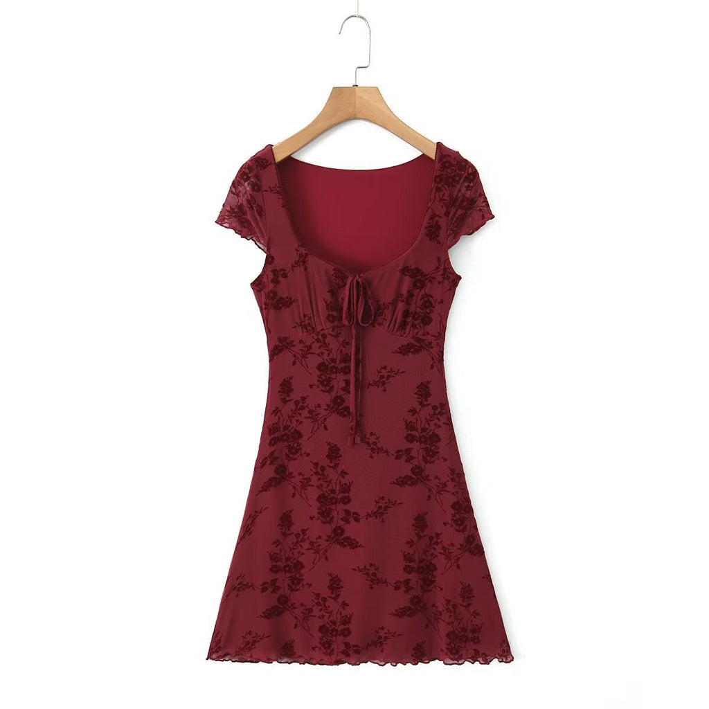 Women's Floral Flocking Lace-up Short Sleeve Dress