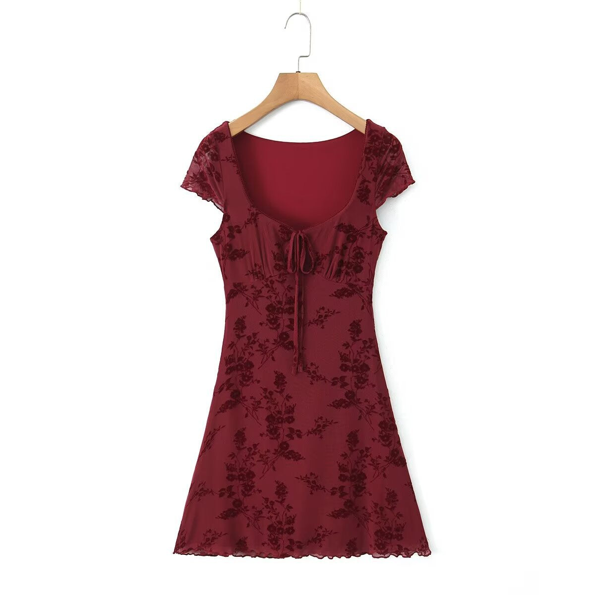 Women's Floral Flocking Lace-up Short Sleeve Dress