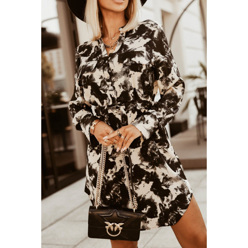 Autumn And Winter New Fashion Waist-controlled Tied Long Sleeves Printed Shirt Dress