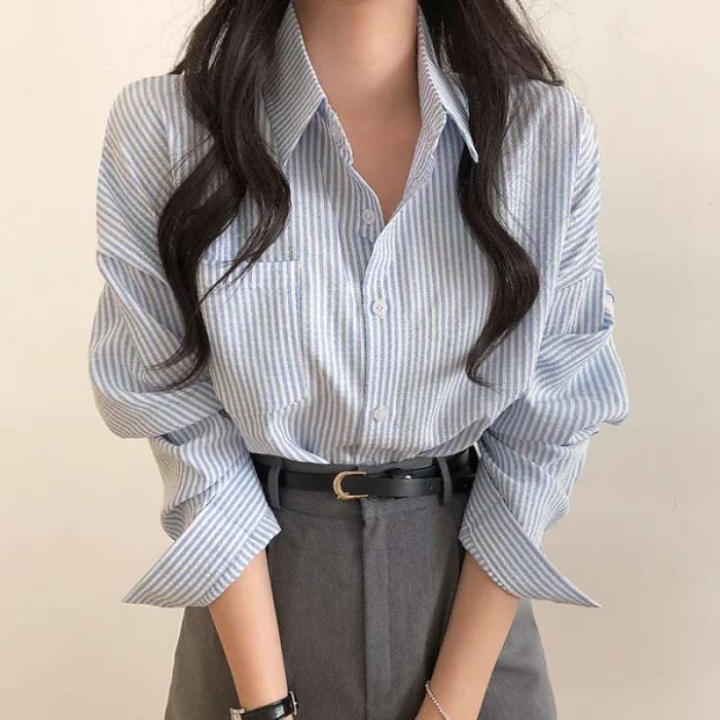 Casual Elegant High-rise Wide Striped Long Fleece Shirt Women's Top
