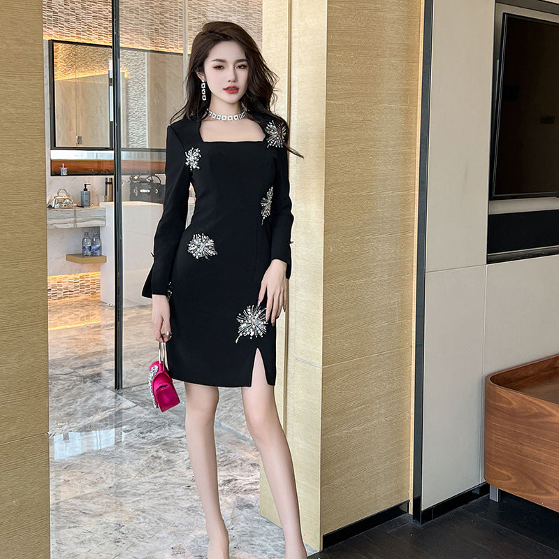 Diamond-encrusted Square Collar Sheath Dress Women