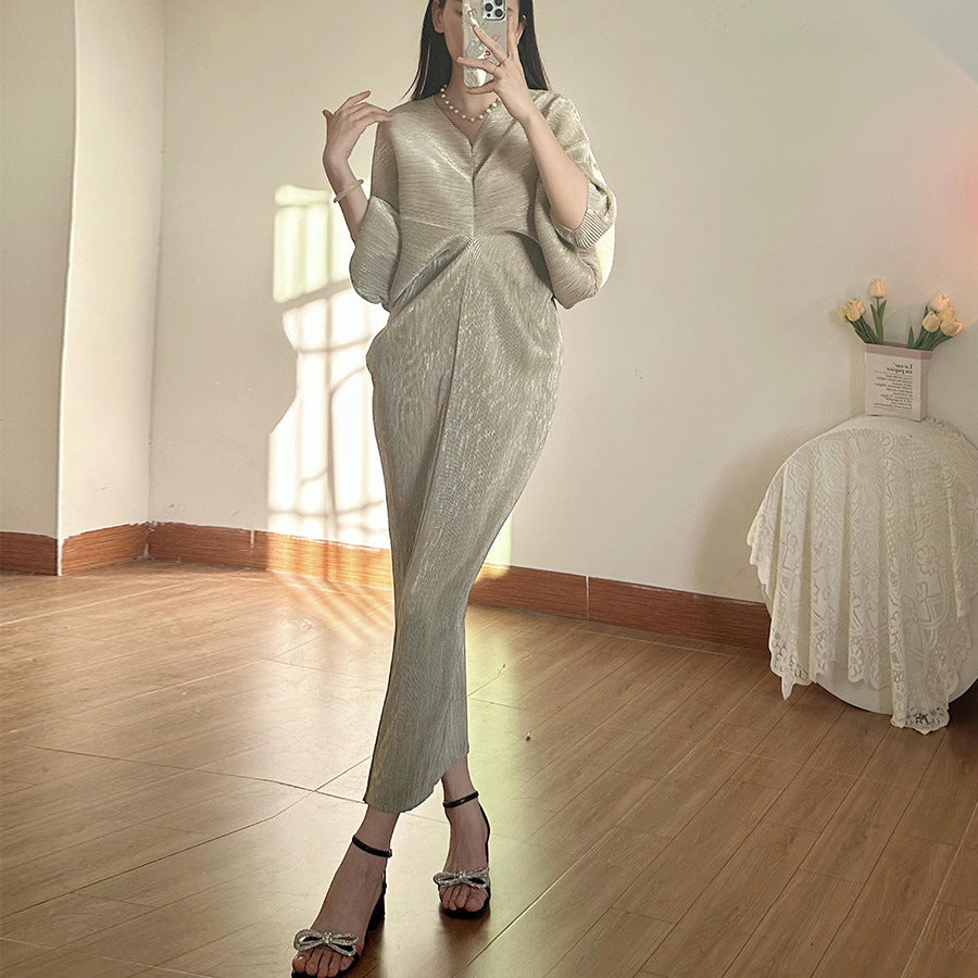 High-end Pleated Dress High-grade Metallic Luster