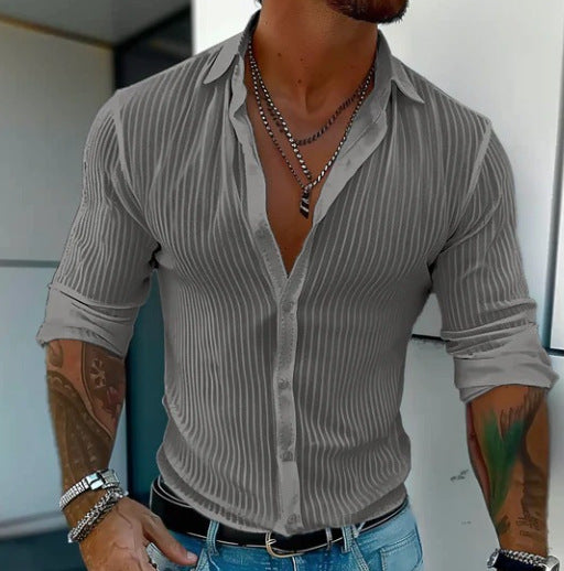 Pure Color All-matching Men's Striped Cardigan Long Sleeve Shirt