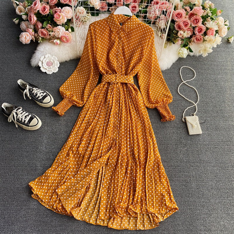 Polka Dot Chiffon Shirt Collar Temperament Waist-controlled Large Hem Pleated Long Skirt