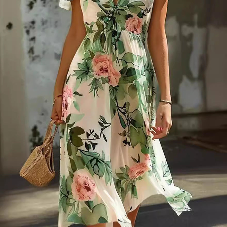 Printed Bohemian Women's V-neck Mid-length Dress