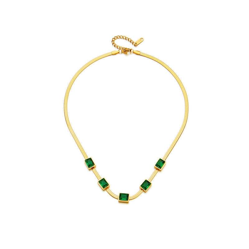 Simple Square Green Zircon Titanium Steel Necklace And Bracelet Suit Combination