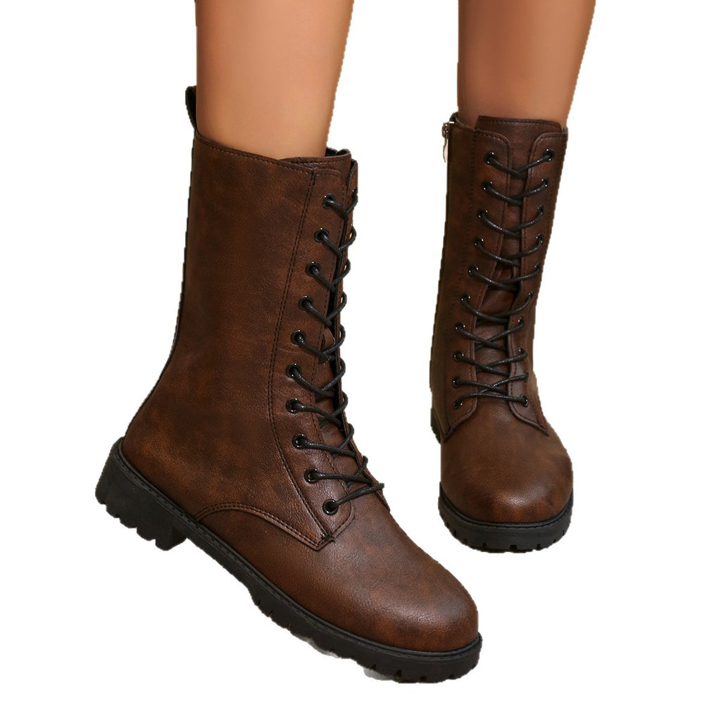 British Style Round Toe Side Zipper Thick Bottom Locomotive Large Size Women's Boots