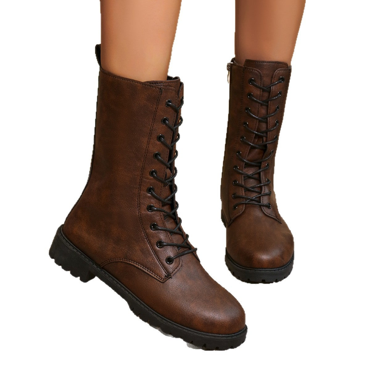 British Style Round Toe Side Zipper Thick Bottom Locomotive Large Size Women's Boots