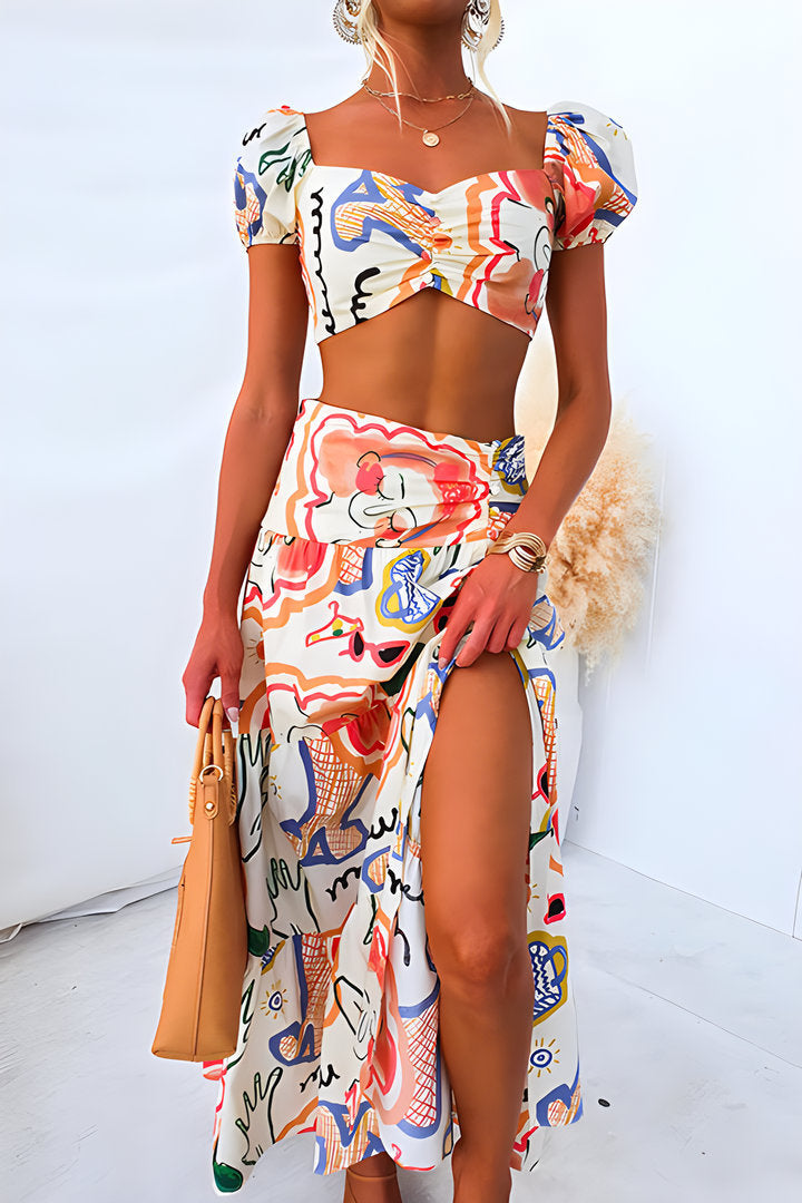 European And American Summer Printed Top Wrapped Chest Skirt Two-piece Suit