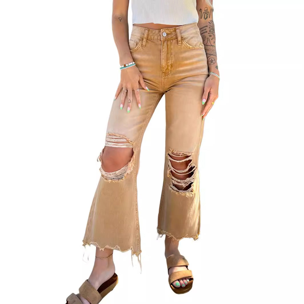 Women's Straight Loose Hole Jeans