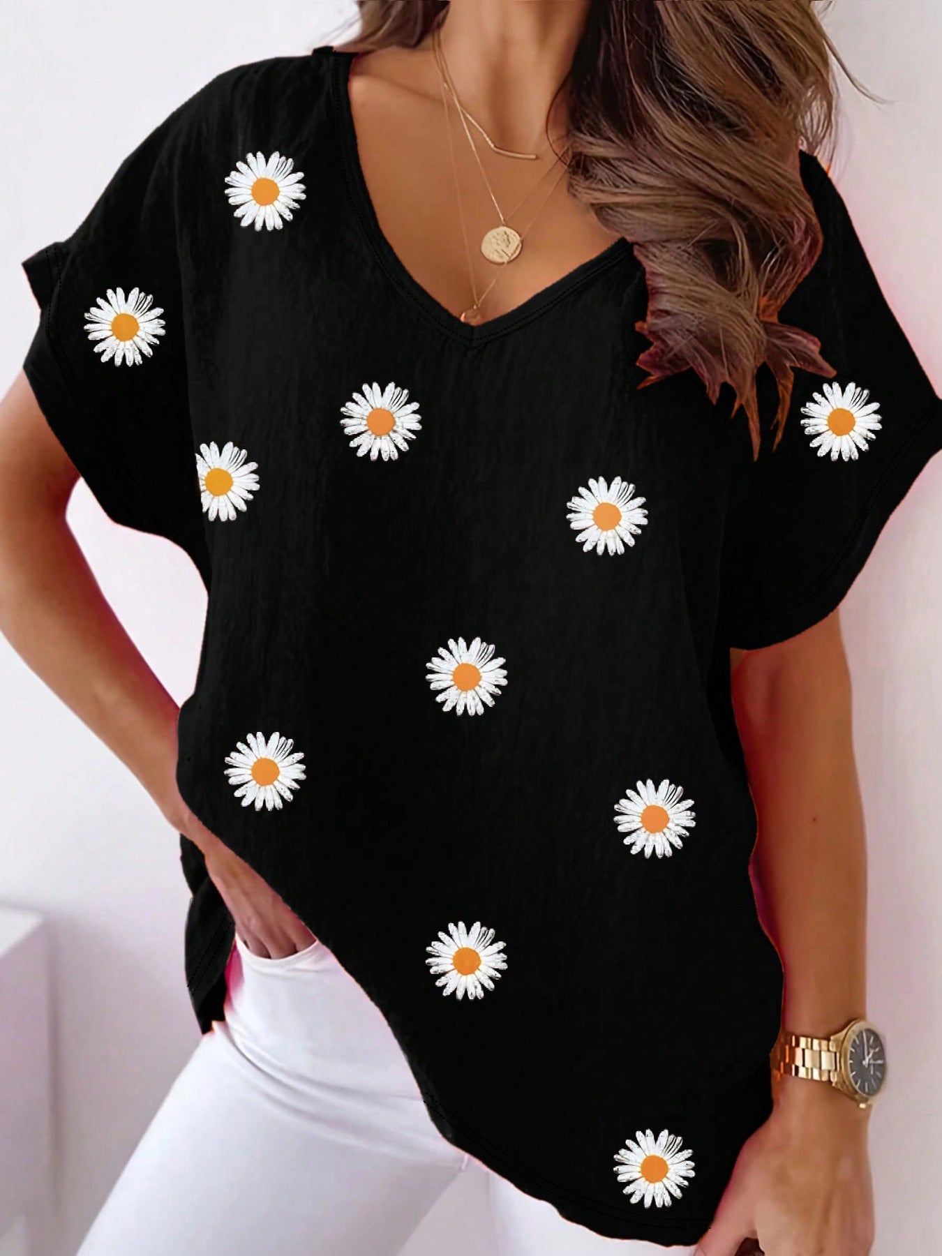 V-neck Short Sleeve Fashion Flower Print T-shirt