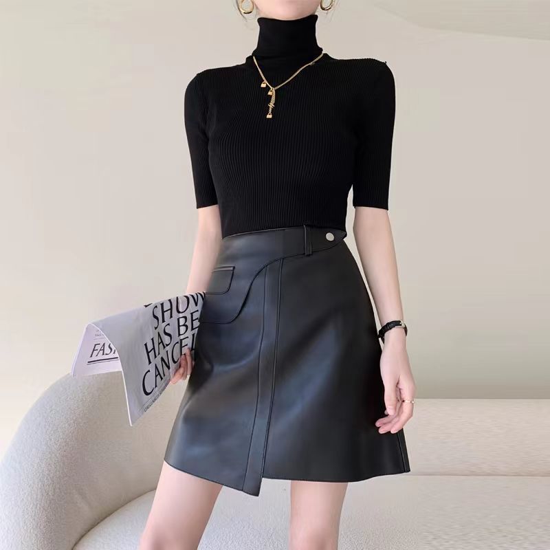 New Fashion Word Leather Skirt High Waist Slim Slimming Zipper Skirt Leather Temperament