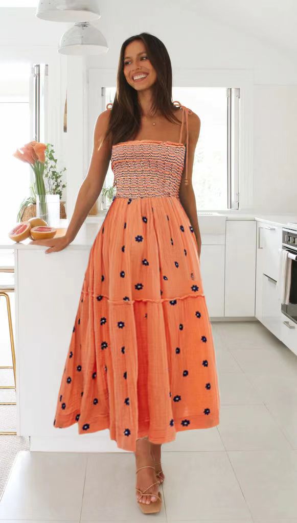 Smocking SUNFLOWER Embroidery A- Line Large Hem Dress