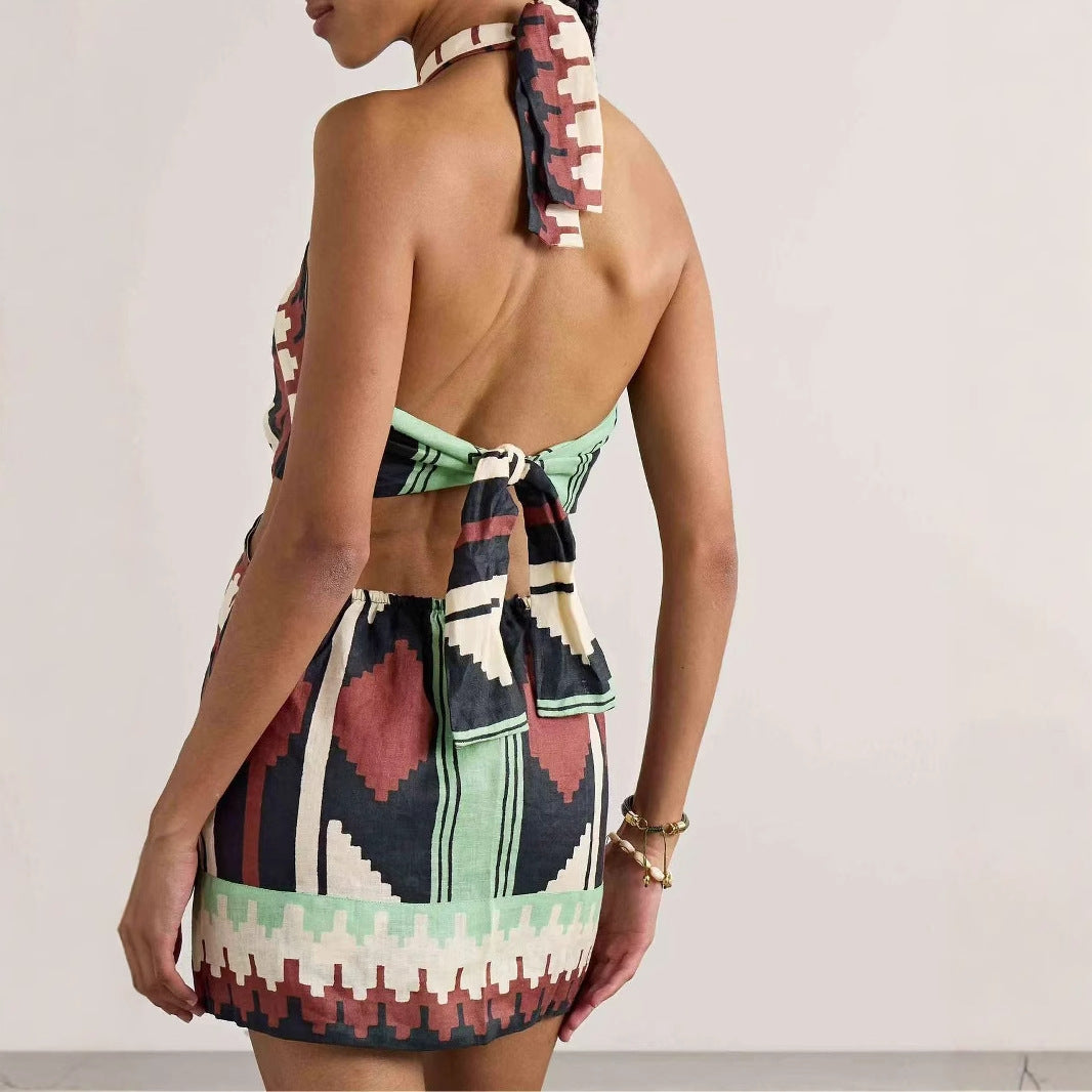 Halter Positioning Print Holiday Beach Skirt Dress