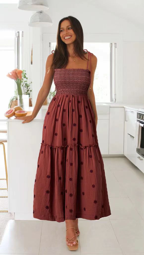 Smocking SUNFLOWER Embroidery A- Line Large Hem Dress