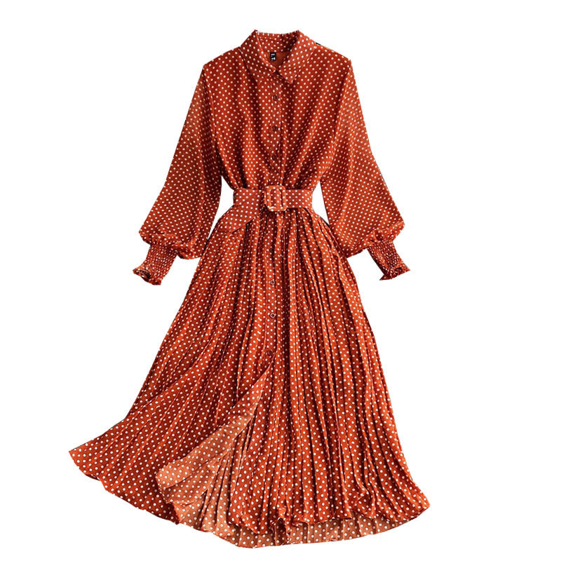Polka Dot Chiffon Shirt Collar Temperament Waist-controlled Large Hem Pleated Long Skirt