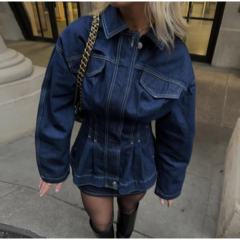 Women's Retro Washed Lapel And Waist Tight Denim Coat
