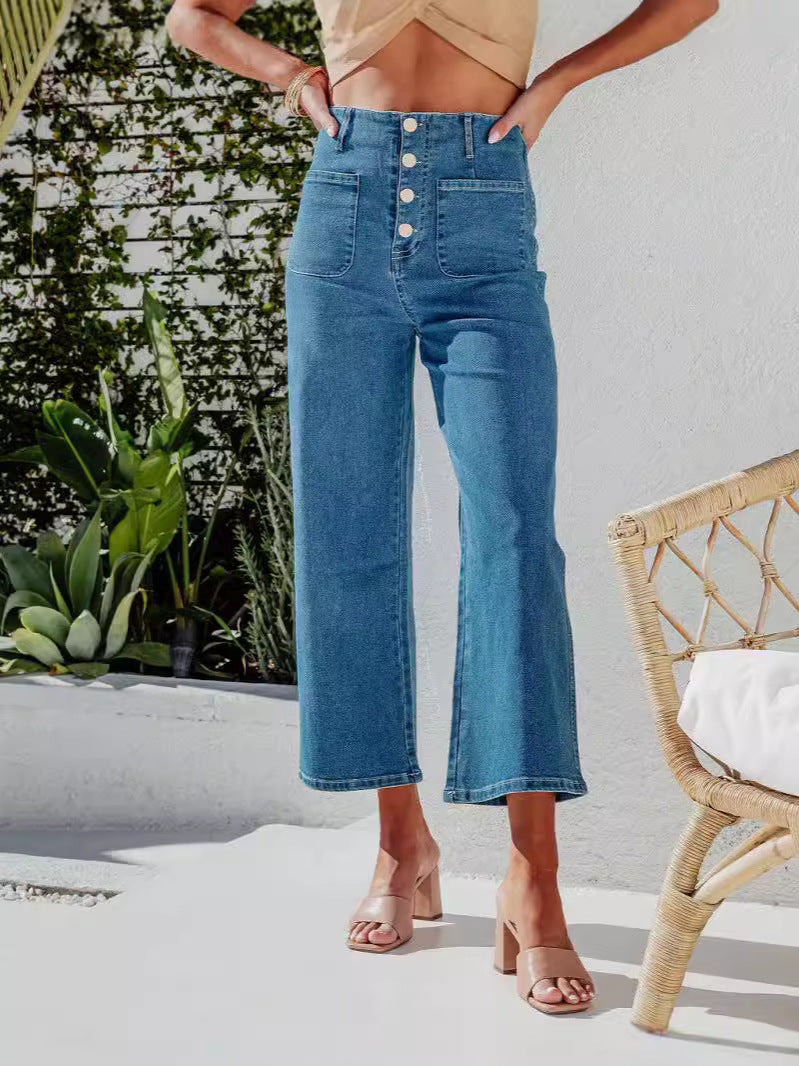 Retro Loose Straight Single Row Ornament High Waist Wide Leg Women's Jeans
