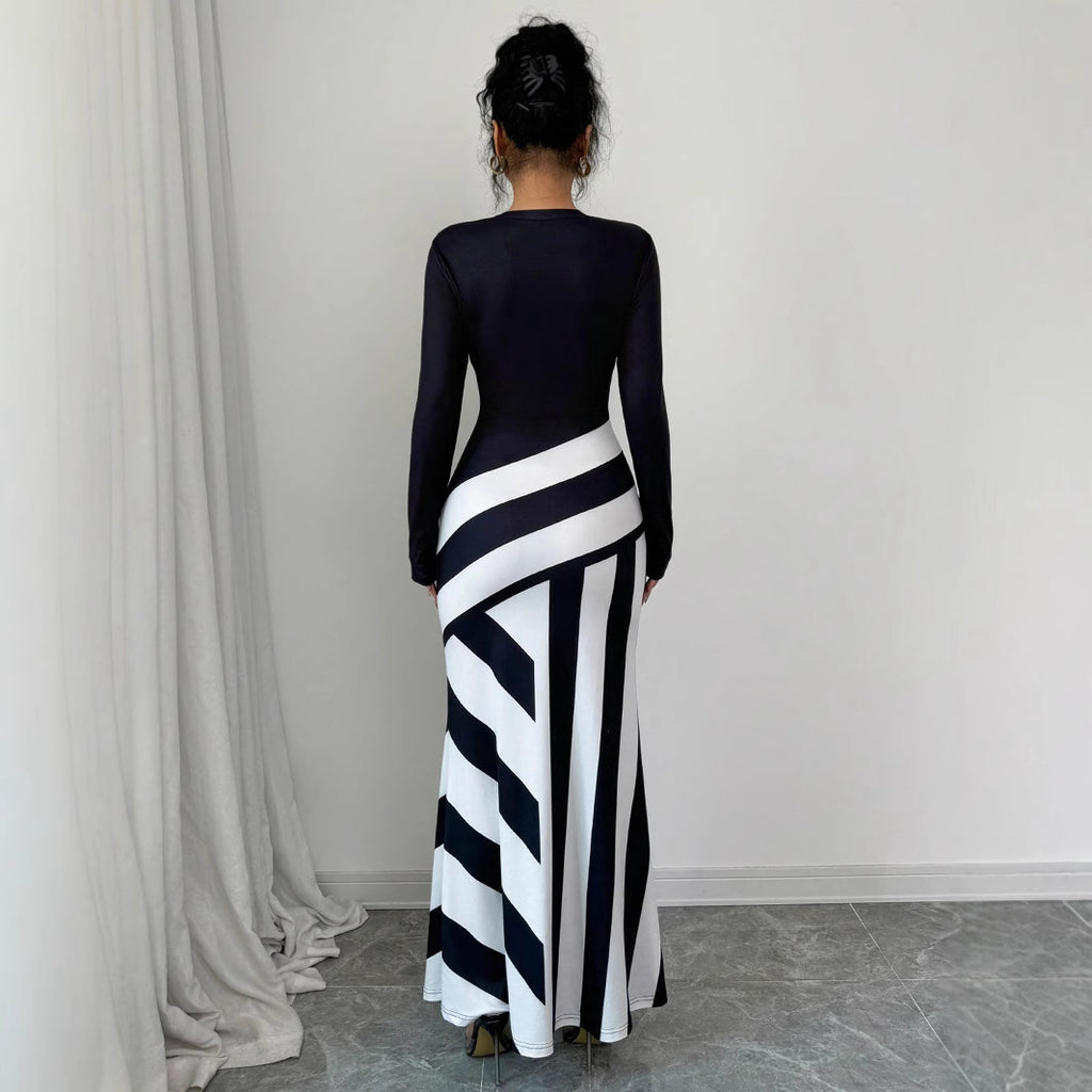 Women's Sexy Asymmetric Neckline Irregular Stripes Dress