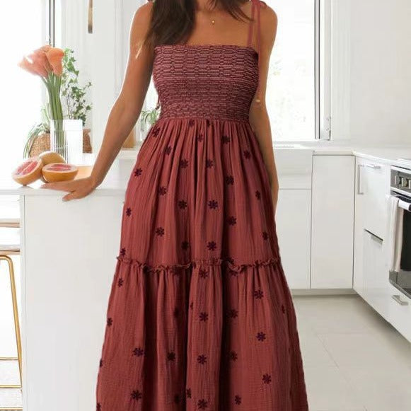 Smocking SUNFLOWER Embroidery A- Line Large Hem Dress