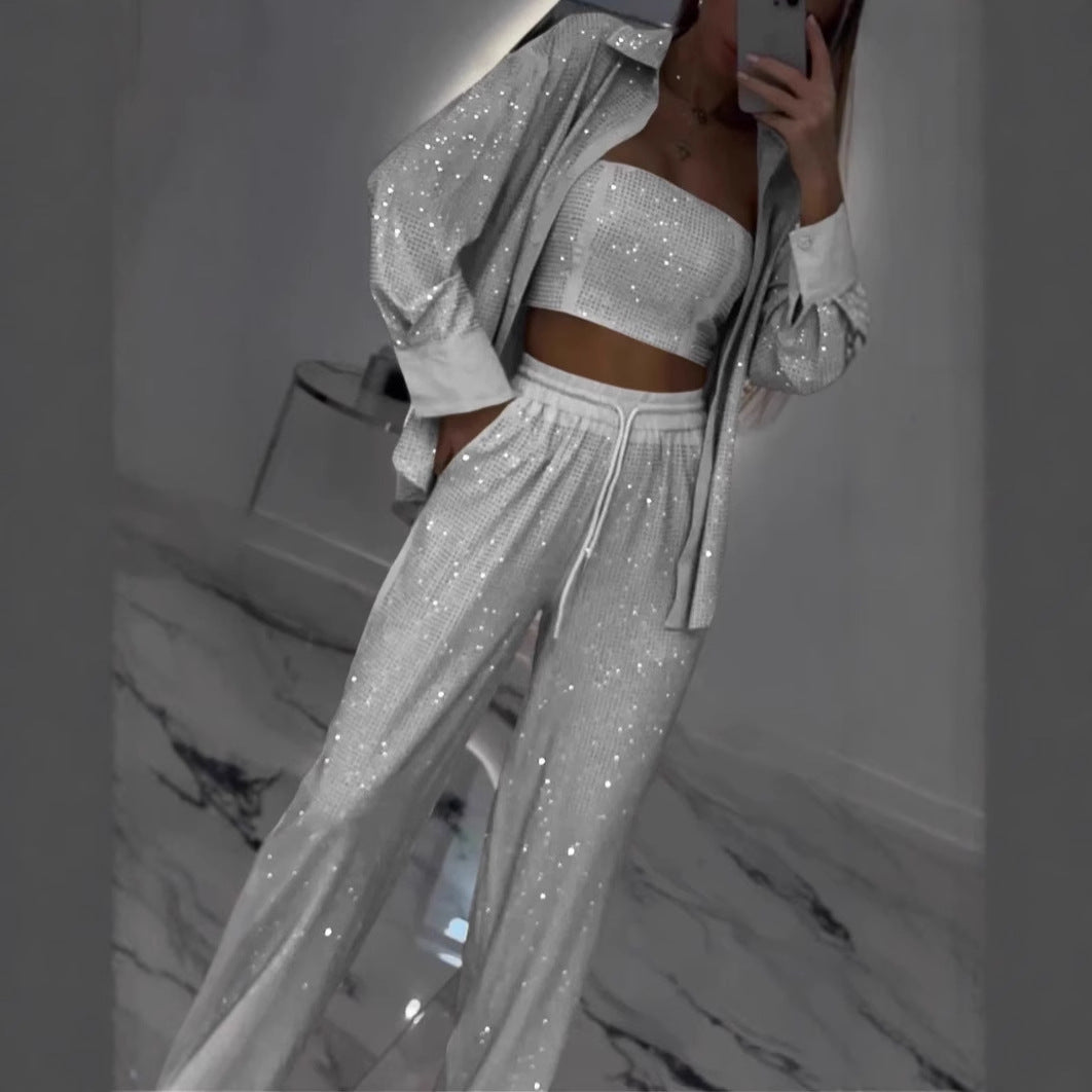Loose Sequins Jacket Tube Top Three-piece Suit