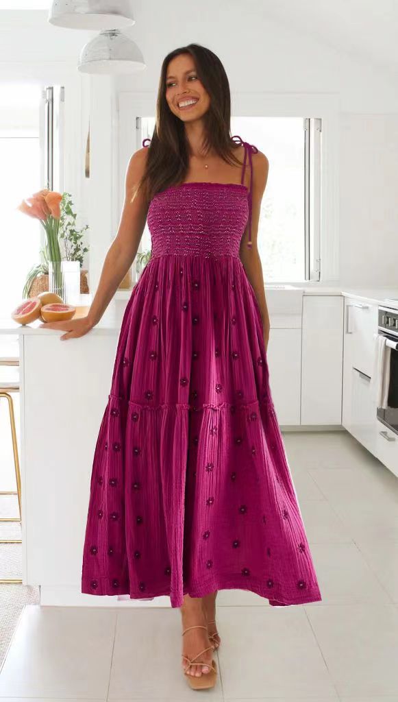 Smocking SUNFLOWER Embroidery A- Line Large Hem Dress
