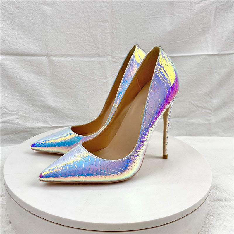 New Laser White Snakeskin High Heels 12CM Pointed Stiletto Heel