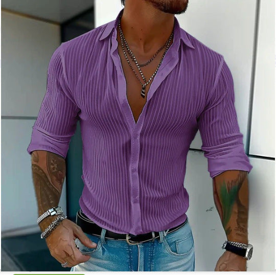 Pure Color All-matching Men's Striped Cardigan Long Sleeve Shirt
