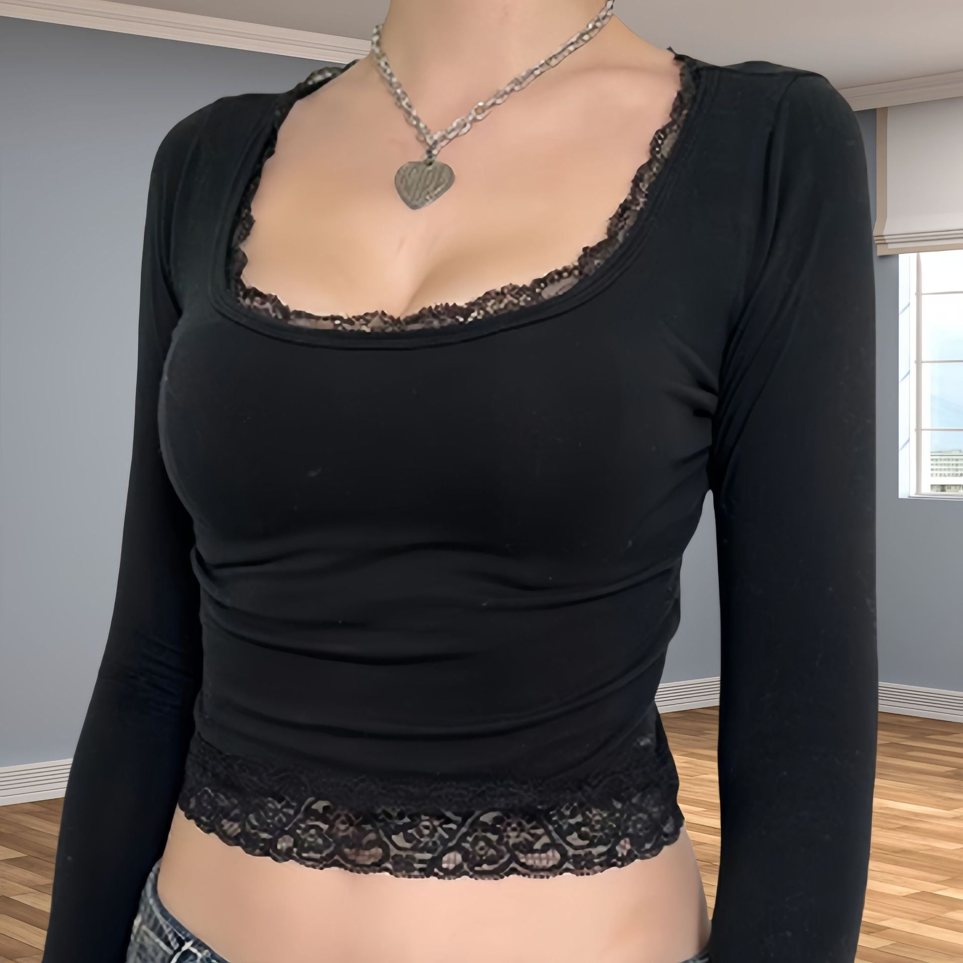 Minimalist Long Sleeve Lace T-shirt For Women