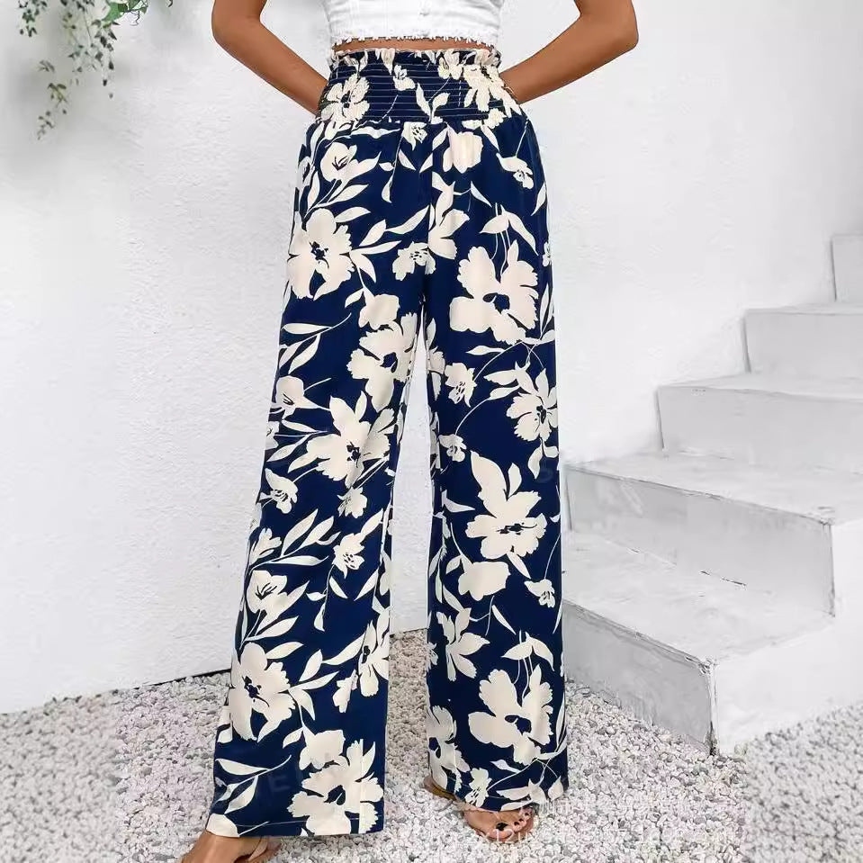 Casual Simple Comfortable High Waist Flower Print Wide Leg
