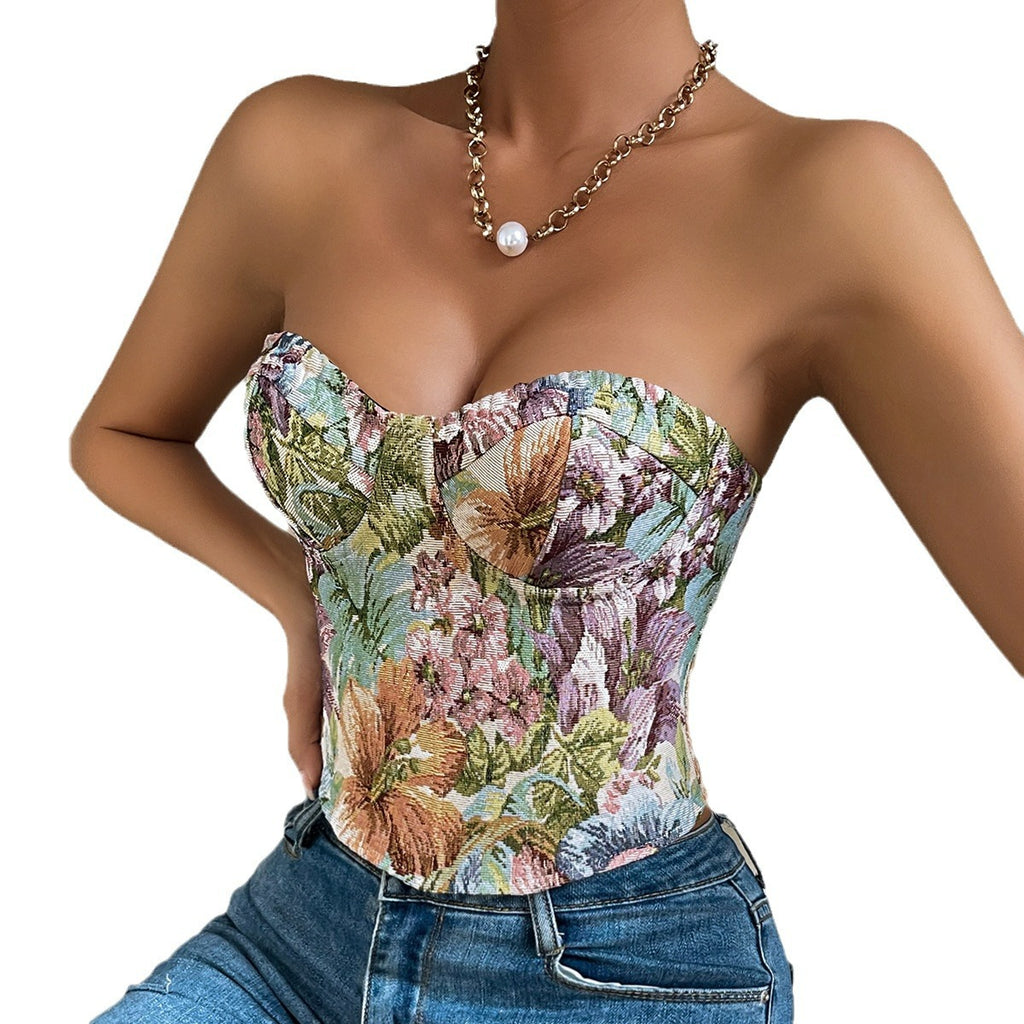 Retro Flower Niche Sling French Court Waist Girdling Band Adjustable Tube Top