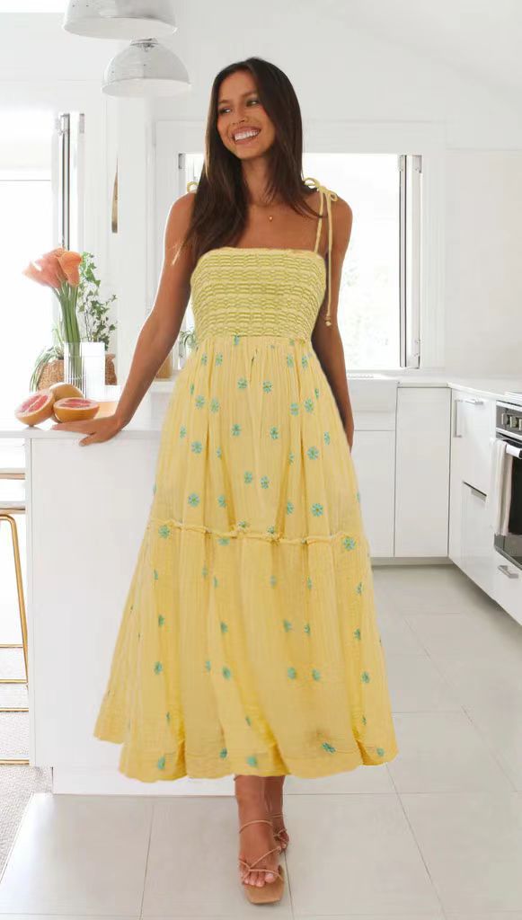 Smocking SUNFLOWER Embroidery A- Line Large Hem Dress