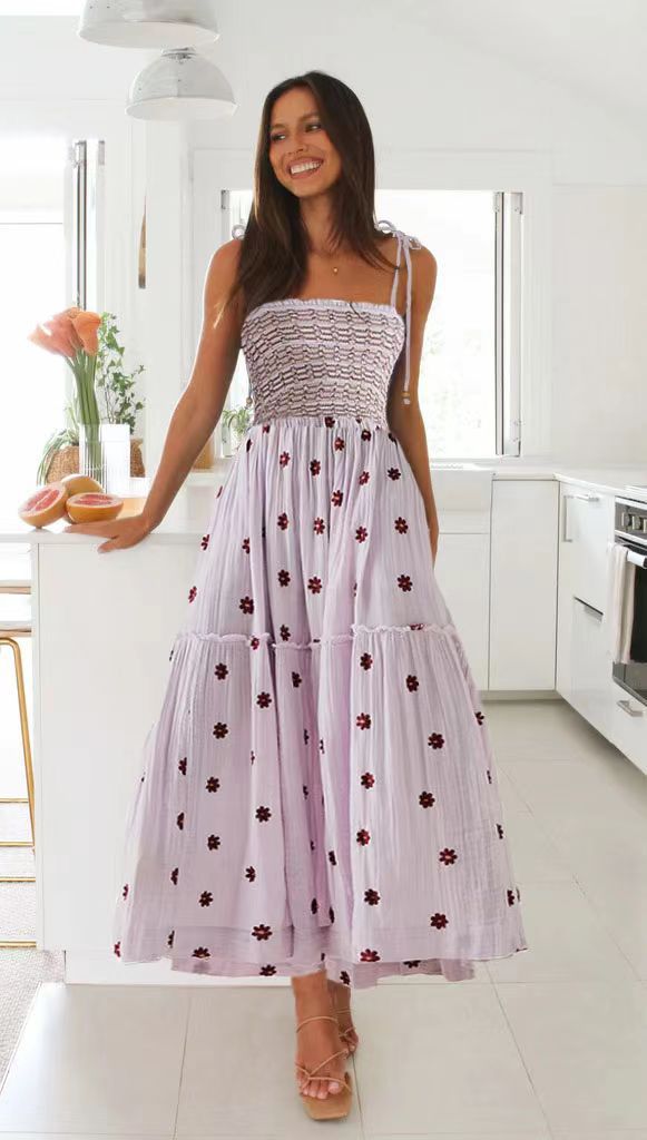 Smocking SUNFLOWER Embroidery A- Line Large Hem Dress