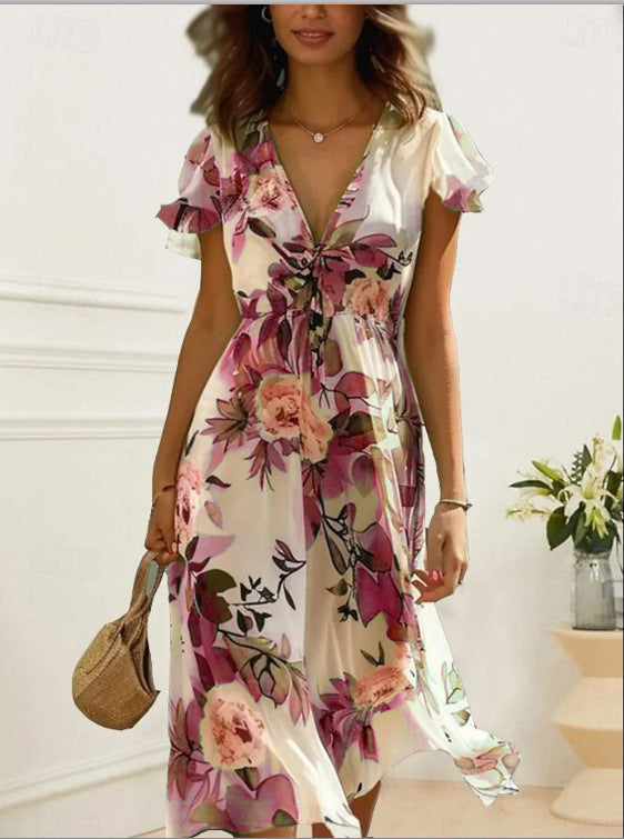 Printed Bohemian Women's V-neck Mid-length Dress
