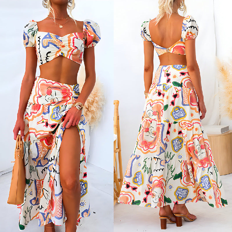 European And American Summer Printed Top Wrapped Chest Skirt Two-piece Suit