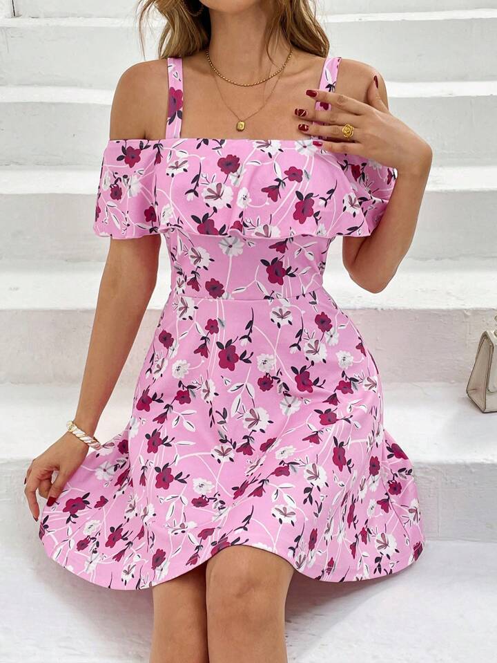 Flower Off-the-shoulder Strap Ruffled Birthday Event Dress
