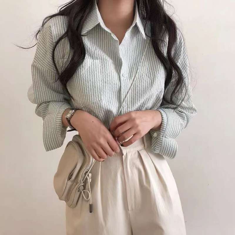 Casual Elegant High-rise Wide Striped Long Fleece Shirt Women's Top