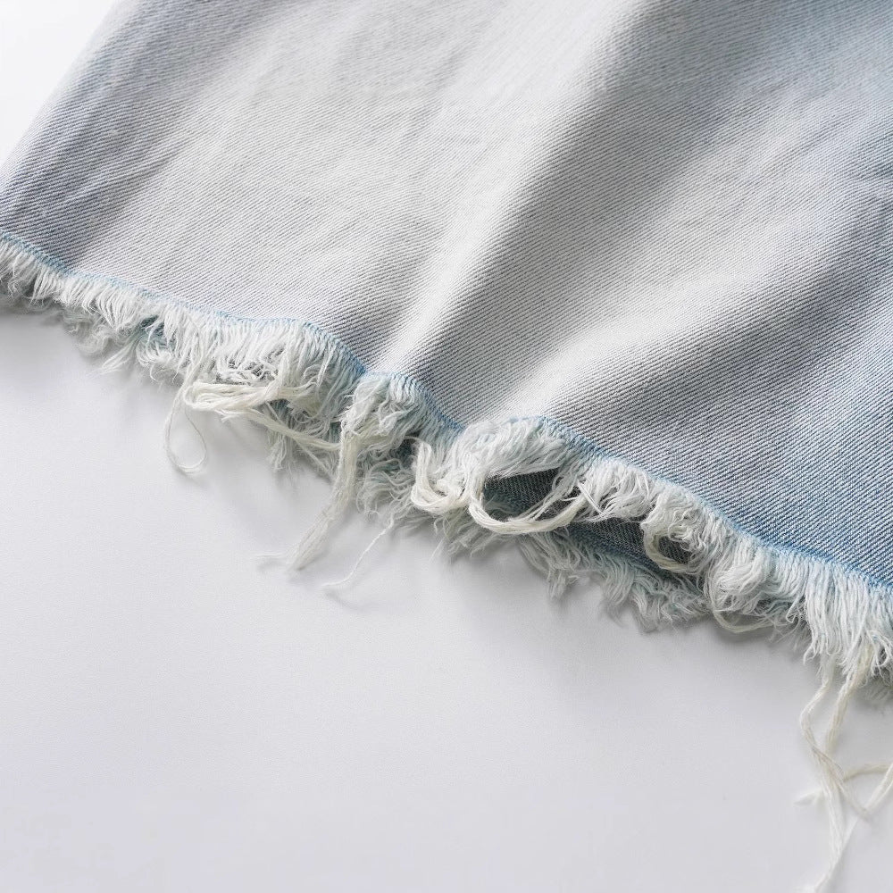 Washed Worn Hole With Cat Whisker Denim Shorts
