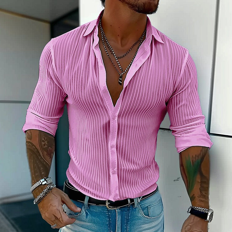 Pure Color All-matching Men's Striped Cardigan Long Sleeve Shirt