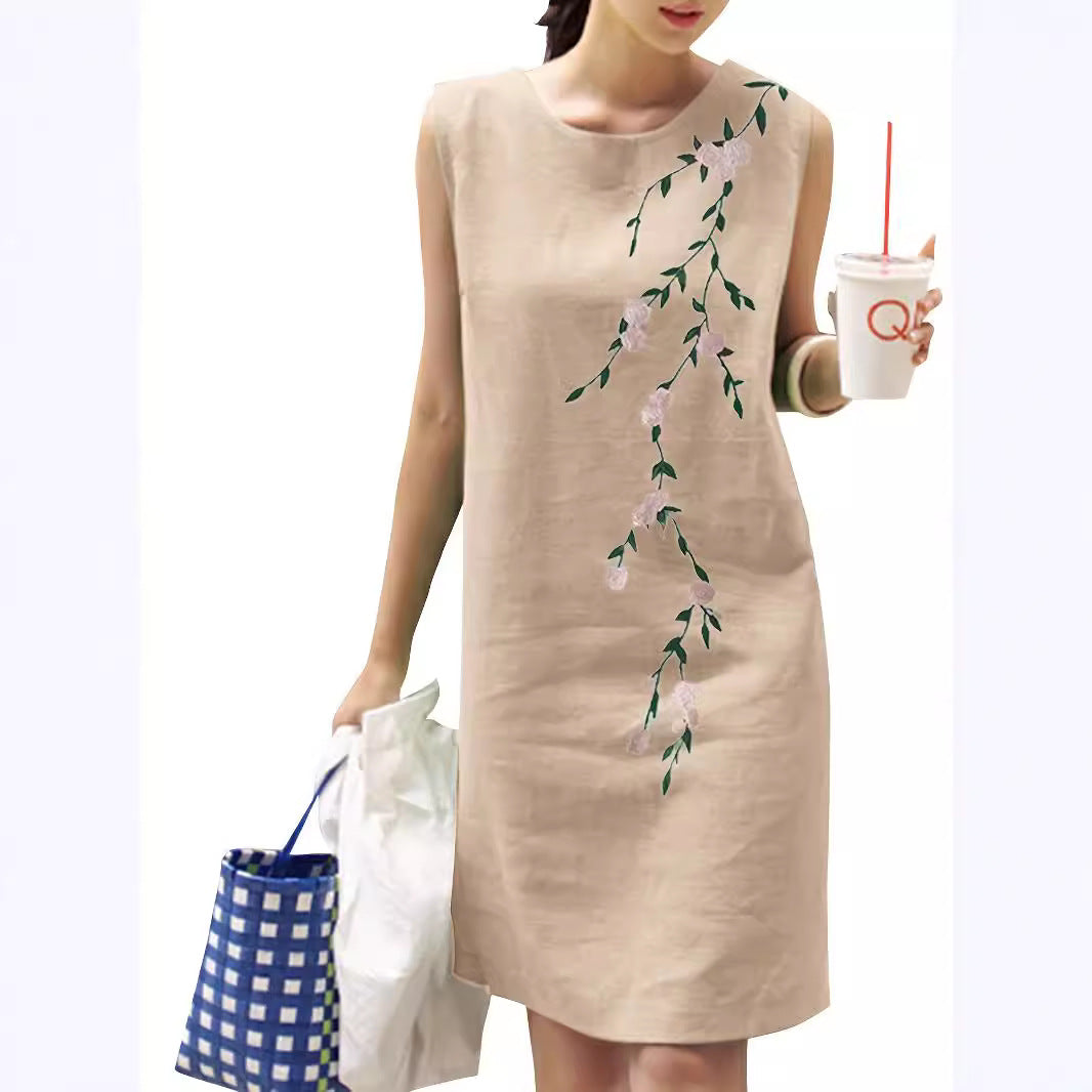 Cotton Linen Round-neck Sleeveless Embroidered Dress