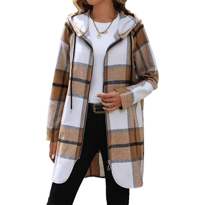 Women's Plaid Loose-fitting Casual Hooded Coat
